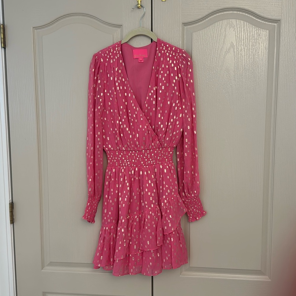 Lily Pulitzer pink and gold oval dot dress. V neck and cinched waist. Size 2.
